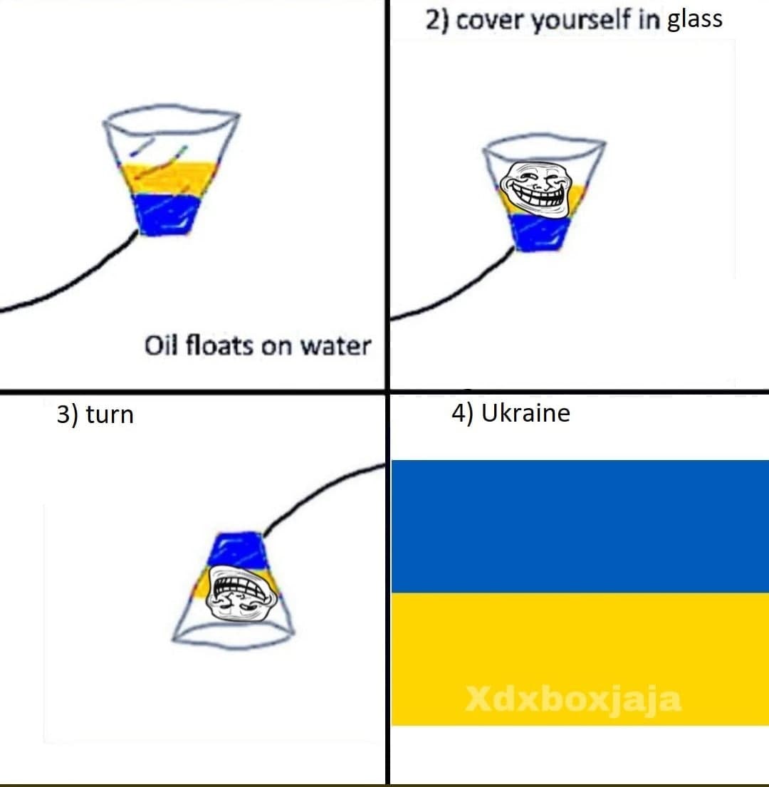 Украина троллфейс мем Мем с флагом Украины, на котором изображен троллфейс внутри стакана, имитирующего перевернутый флаг, и текст «Oil floats on water» и «Ukraine».