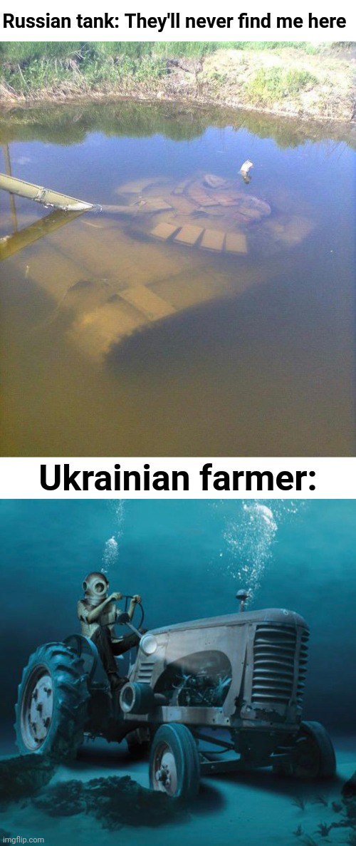 Украинский фермер и русский танк Мем, где украинский фермер на тракторе находит утонувший российский танк в воде