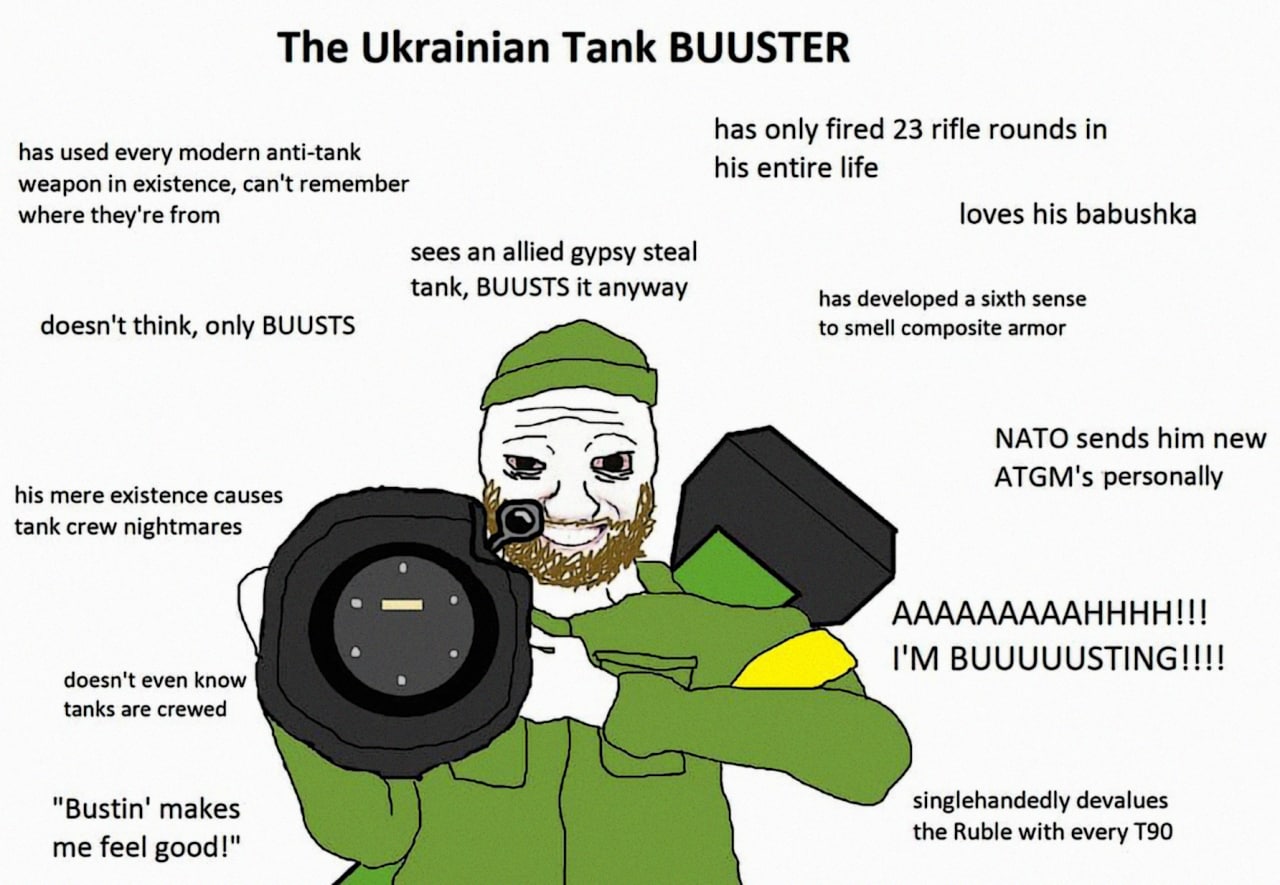 Украинский истребитель танков Мем с изображением украинского солдата в стиле вояка, который является "бустером" танков и обладает множеством необычных способностей и черт характера, таких как любовь к бабушке и способность обваливать рубль.
