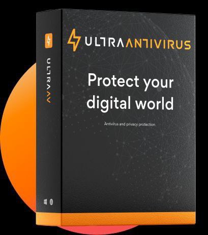 Упаковка Ultra Antivirus Protect your digital world Упаковка антивируса Ultra Antivirus с надписью «Защити свой цифровой мир»