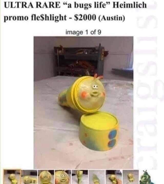 ULTRA RARE “a bugs life” Heimlich promo fle$hlight Мем с изображением гусеницы Хеймлиха из мультфильма «Жизнь жуков», превращенной в предмет, похожий на секс-игрушку, и выставленной на продажу за 2000 долларов.