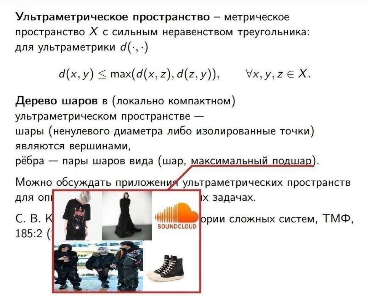 Фрагмент учебника про ультраметрическое пространство с выделенным коллажем про максимальный подшар