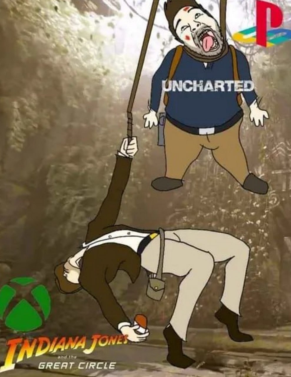 Uncharted повесили, Индиана Джонс убегает Мем, где Нейтан Дрейк висит на веревке, а Индиана Джонс ловко уворачивается, символизируя сравнение игровых франшиз Uncharted и Indiana Jones.