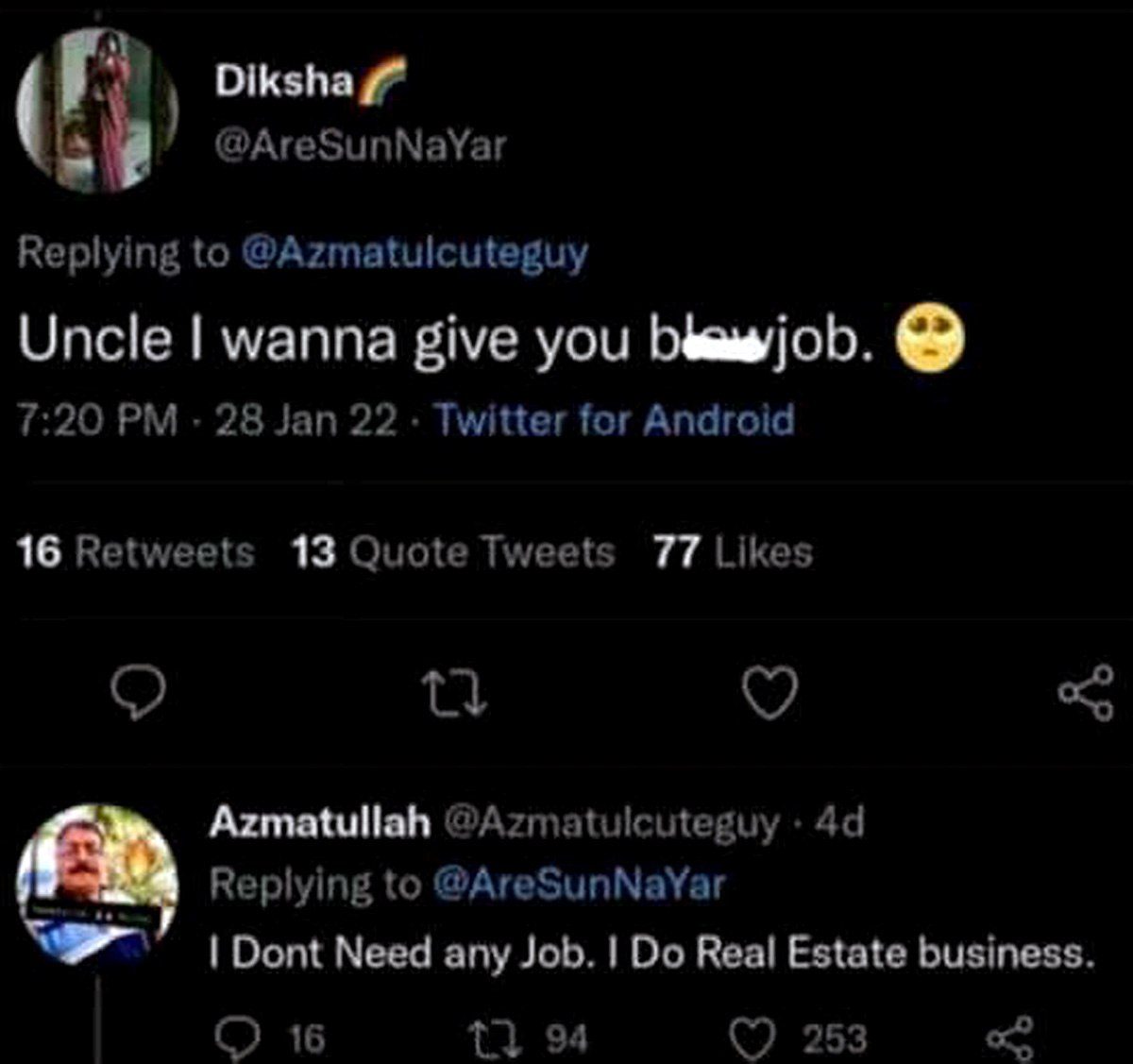 Uncle I wanna give you blowjob Переписка в Твиттере, где "Uncle I wanna give you blowjob" перепутано с предложением о работе в сфере недвижимости