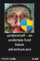 Мужчина испугался "undersmell - an undertale foot fetish adventure.exe" Мужчина с испуганным лицом и значком Windows Defender рядом с текстом «undersmell - an undertale foot fetish adventure.exe»