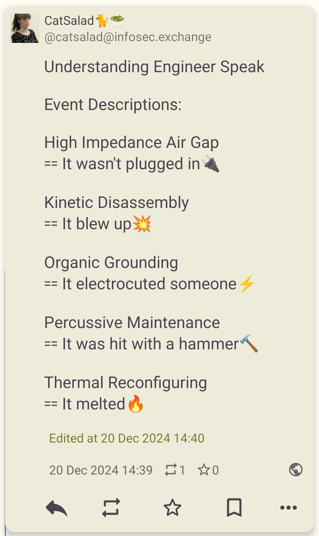 Understanding Engineer Speak Мем «Understanding Engineer Speak» со скриншотом поста из Mastodon, где технические термины объясняются простым языком.