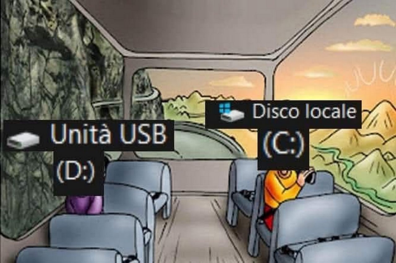 Unità USB (D:) и Disco locale (C:) Мем с автобусом, сравнивающий Unità USB (D:) и Disco locale (C:) через виды из окна.