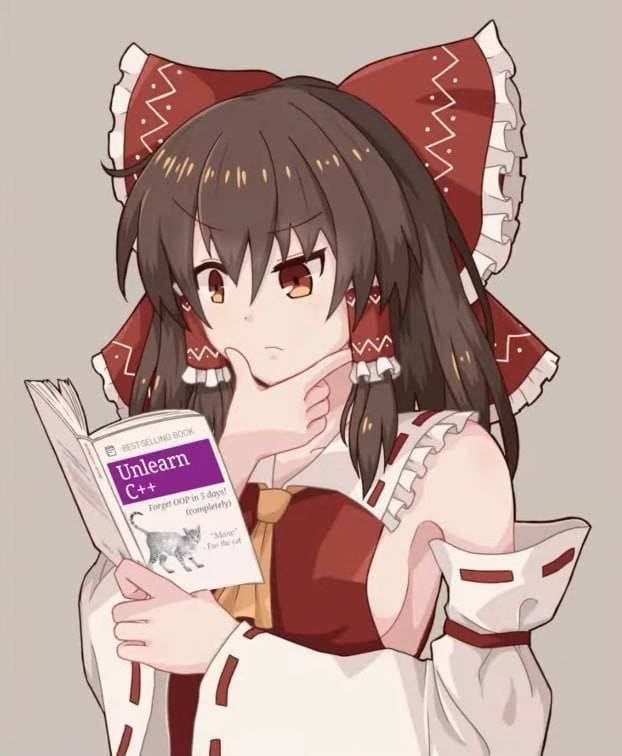 Аниме-девушка читает книгу «Unlearn C++» с обещанием забыть ООП за пять дней.
