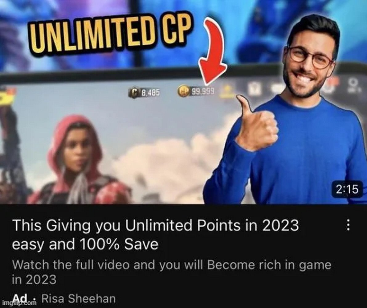 UNLIMITED CP Мужчина в синей кофте показывает большой палец вверх рядом с игровым экраном, на котором надпись «UNLIMITED CP» и количество игровой валюты 99 999