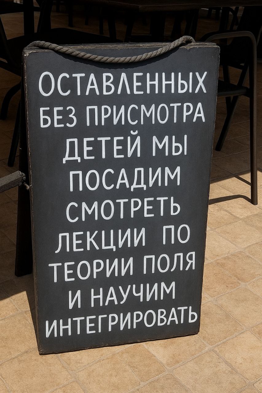 Оставленных без присмотра детей мы посадим смотреть лекции по теории поля и научим интегрировать Табличка «Оставленных без присмотра детей мы посадим смотреть лекции по теории поля и научим интегрировать»