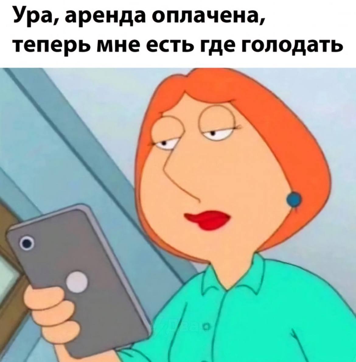 Ура, аренда оплачена, теперь мне есть где голодать Мем с Лоис Гриффин из мультсериала "Гриффины", где она держит телефон и на нем написано: "Ура, аренда оплачена, теперь мне есть где голодать"
