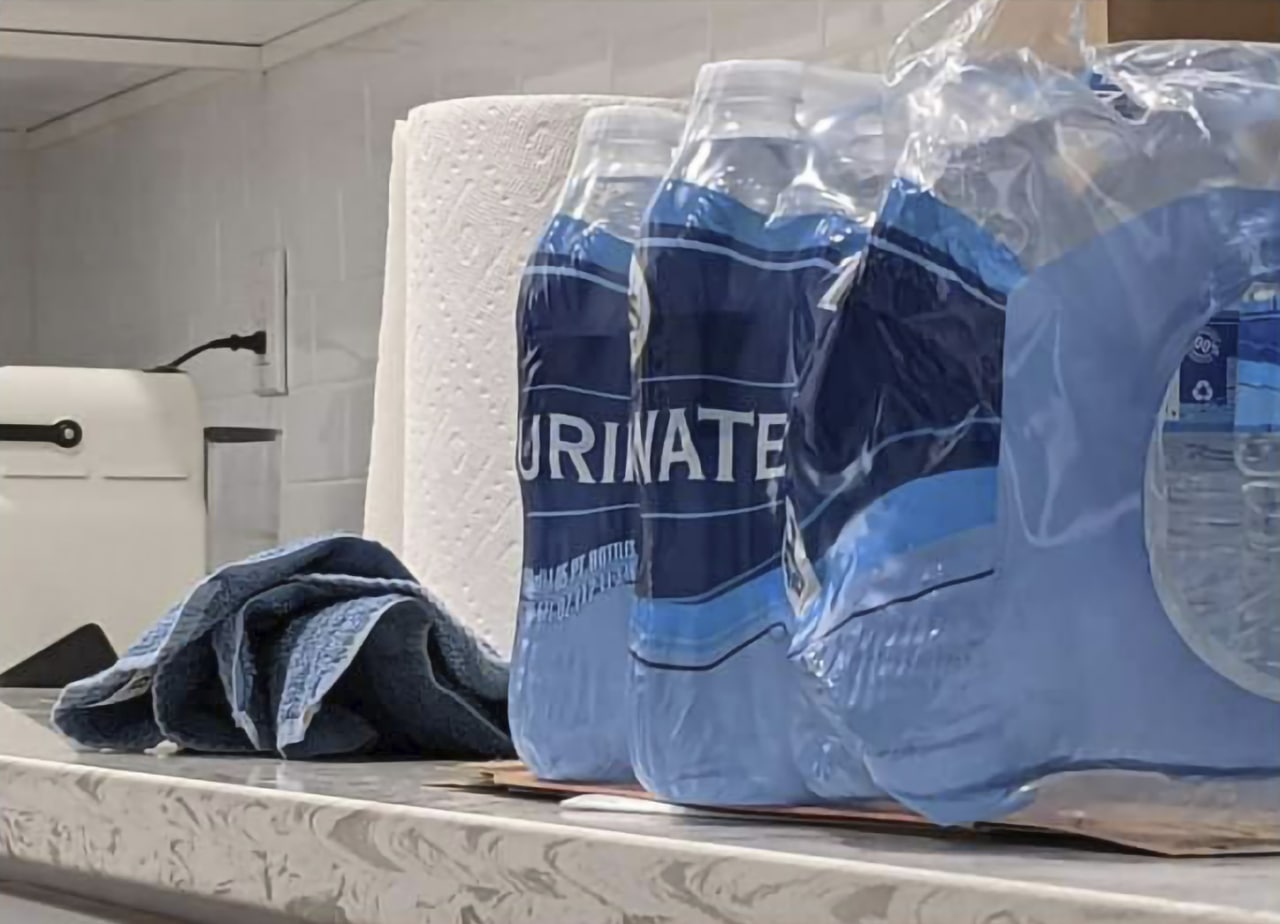 Бутылки с водой Urinate Упаковка с бутылками воды с надписью Urinate, что можно перевести как "мочиться"