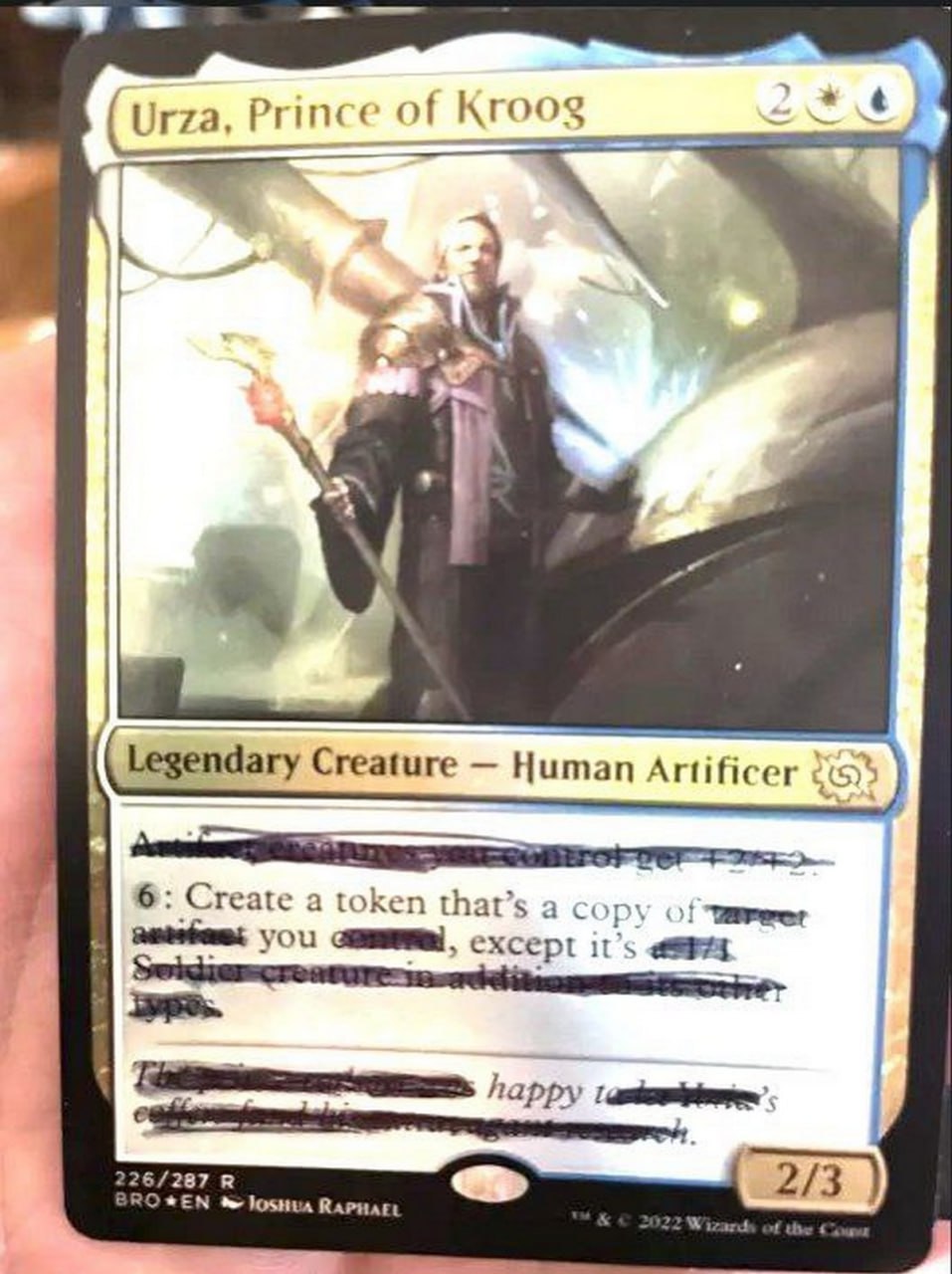 Urza, Prince of Kroog зачеркнутая карточка Мем с карточкой Urza, Prince of Kroog, на которой часть текста зачеркнута черным маркером, а другая часть исправлена от руки