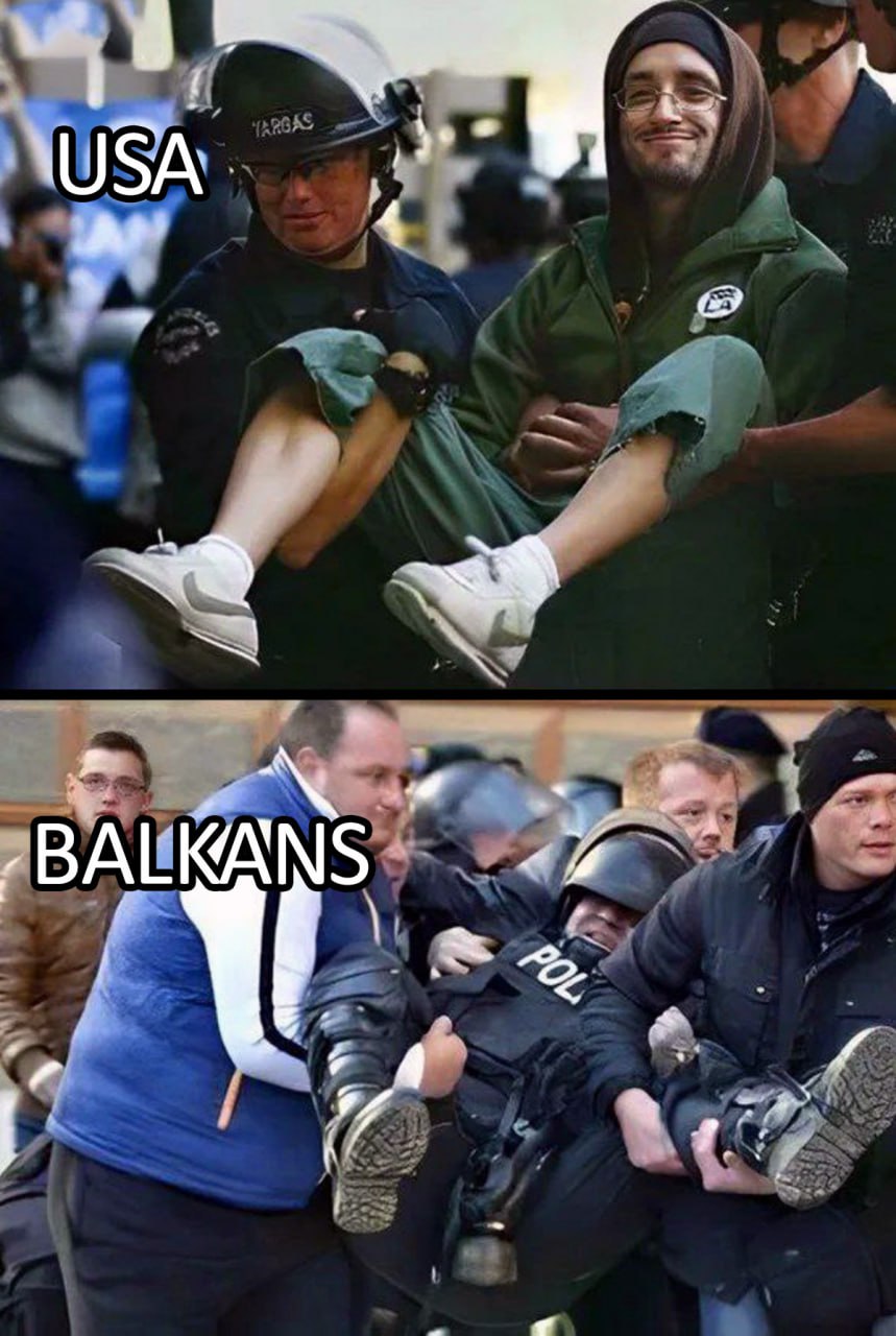 USA vs Balkans Американская полиция бережно несет задержанного, а на Балканах обычные люди уносят раненого или арестованного полицейского