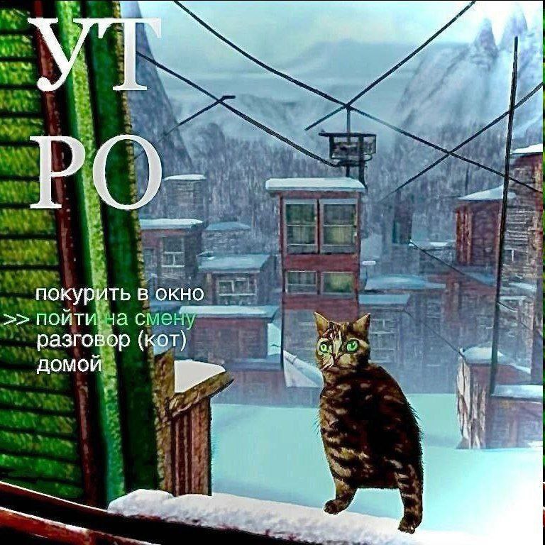 Утро, выбор и кот на подоконнике Кот с зелеными глазами стоит на подоконнике на фоне заснеженного города, а рядом текст про утро и выбор, который нужно сделать