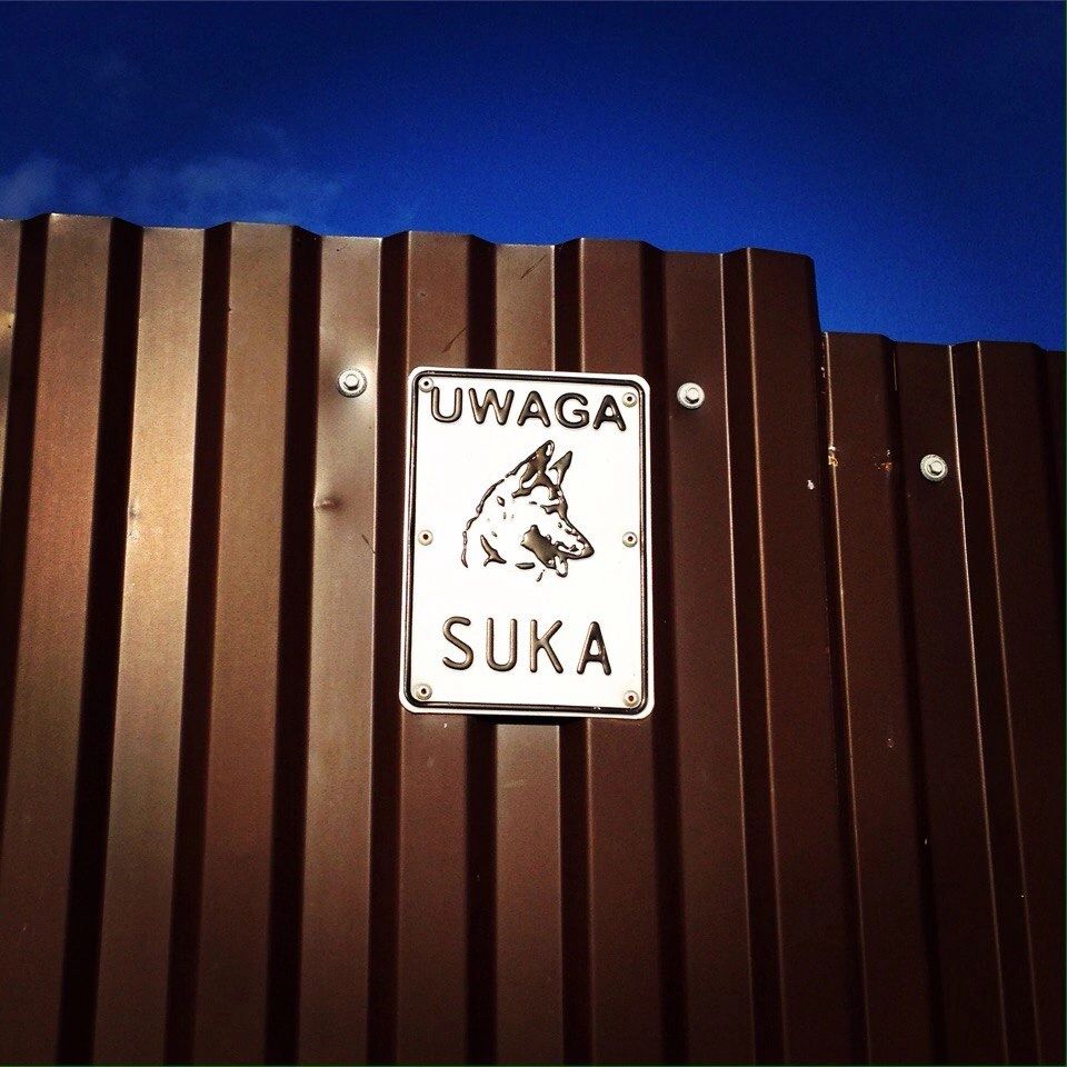 Uwaga suka Табличка на заборе Uwaga Suka с головой собаки