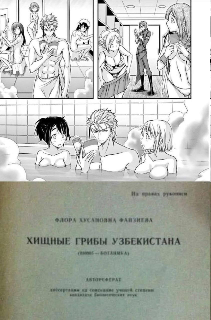 Хищные грибы Узбекистана Персонажи манги принимают ванну, а мужчина читает книгу «Хищные грибы Узбекистана» на правах рукописи.