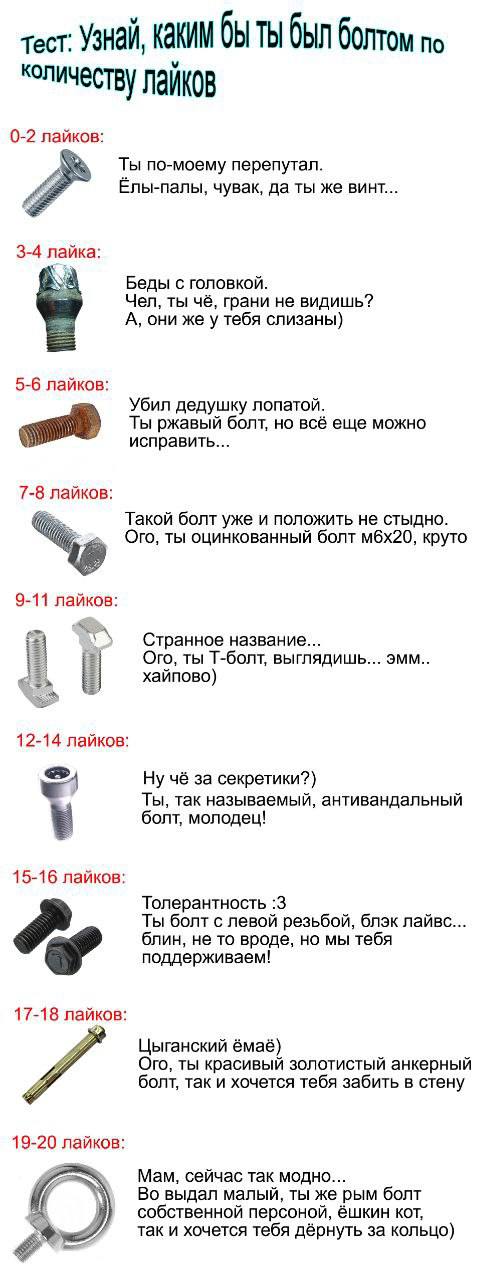Узнай, каким бы ты был болтом по количеству лайков Тест «Узнай, каким бы ты был болтом по количеству лайков»