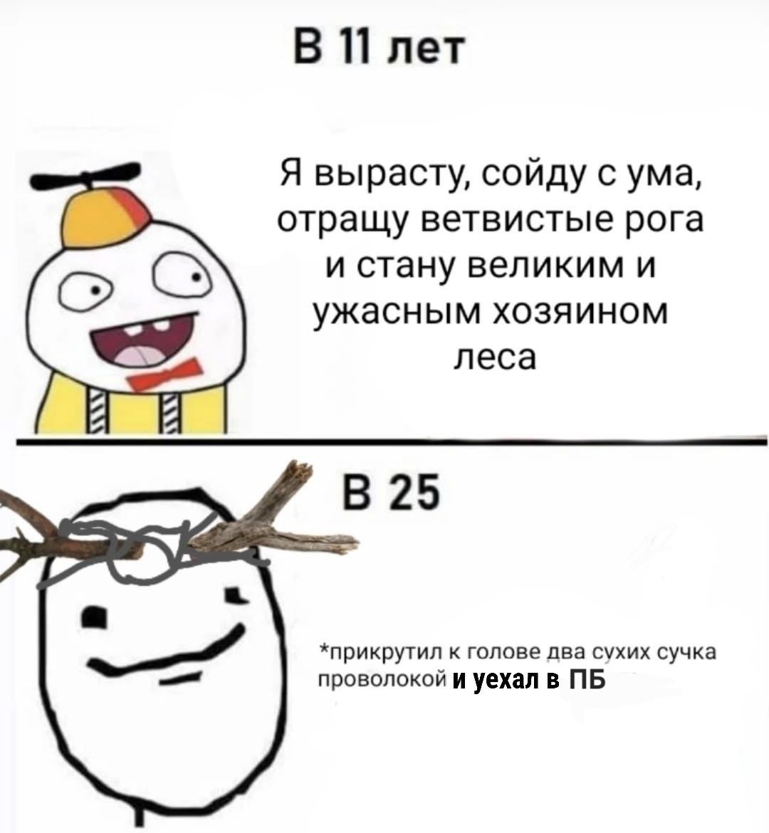 В 11 лет герой мечтал стать великим и ужасным хозяином леса, а в 25 прикрутил к голове сухие сучки проволокой и уехал в психбольницу.
