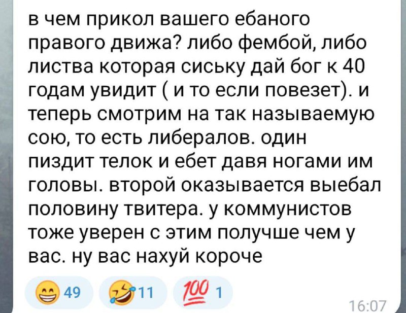 В чем прикол вашего ебаного правого движа Скриншот сообщения о критике "правого движа" и его отсутствии успеха у женщин, сравнении с "либералами" и "коммунистами".