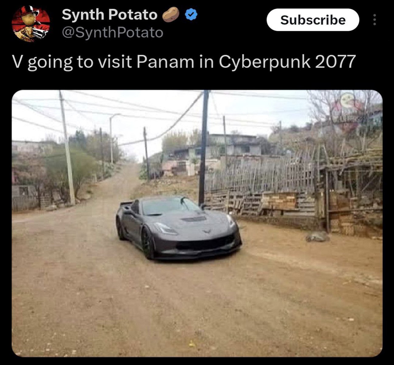 V going to visit Panam in Cyberpunk 2077 Спортивная машина на проселочной дороге, подпись «V going to visit Panam in Cyberpunk 2077»