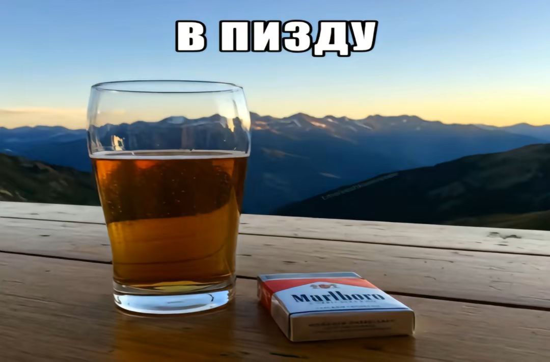 В пизду Фотография стакана пива и пачки сигарет с надписью «В пизду» на фоне горного пейзажа