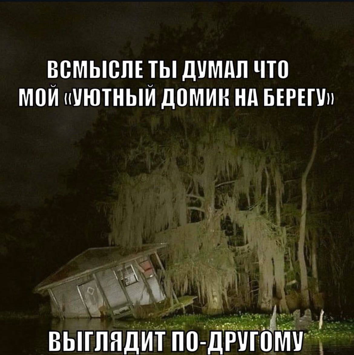В смысле ты думал что мой уютный домик на берегу Мем с покосившимся домиком на берегу болота и текстом "В смысле ты думал что мой уютный домик на берегу выглядит по-другому"