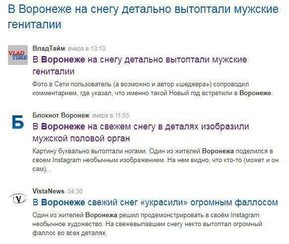 В Воронеже на снегу детально вытоптали мужские гениталии Скриншот новостей о том, как в Воронеже на снегу вытоптали изображение мужских гениталий.
