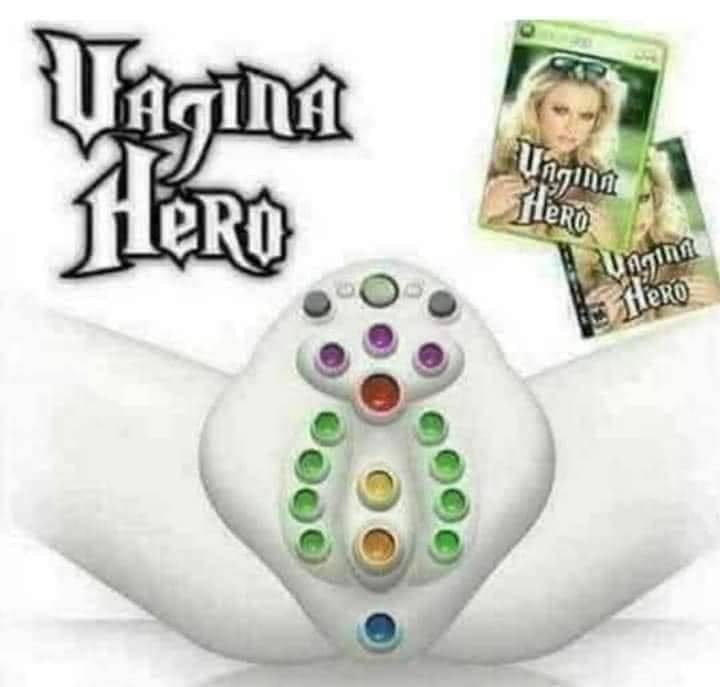 Vagina Hero контроллер Мем с необычным игровым контроллером, стилизованным под вагину, с надписью Vagina Hero и обложками игр в стиле Guitar Hero