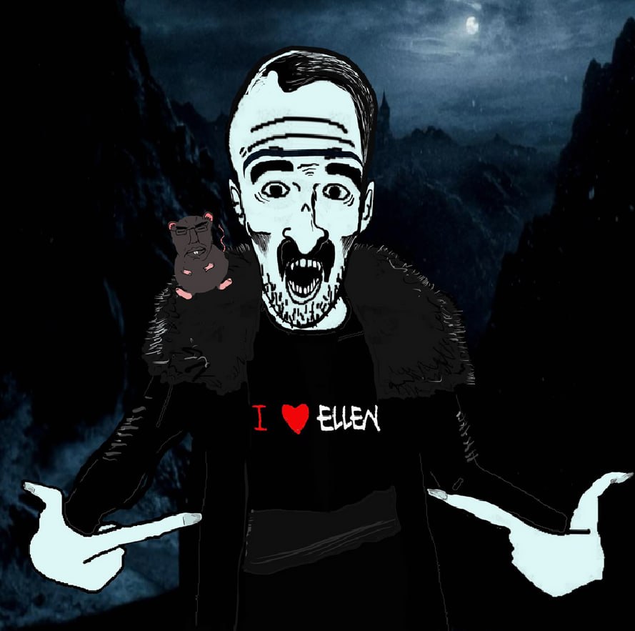 Вампир из комикса Feels Guy с крысой Мем, где вампир из комикса Feels Guy в футболке "Я люблю Эллен" стоит с крысой на плече на фоне ночных гор.