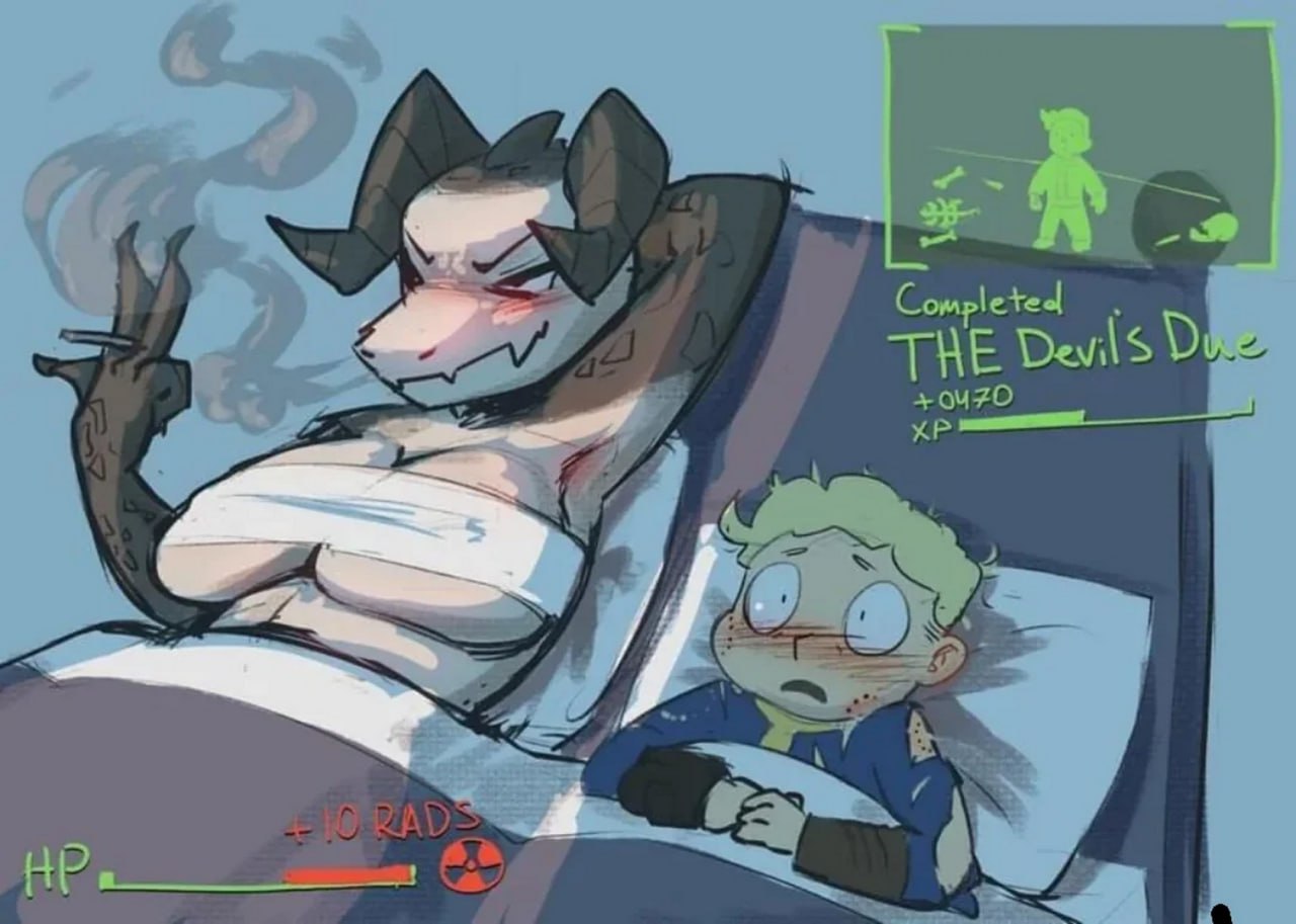 Vault Boy и девушка ящерица Vault Boy и девушка ящерица лежат в кровати после свидания. На экране Hud надпись: "Завершено задание "Долг дьявола" +470 XP".