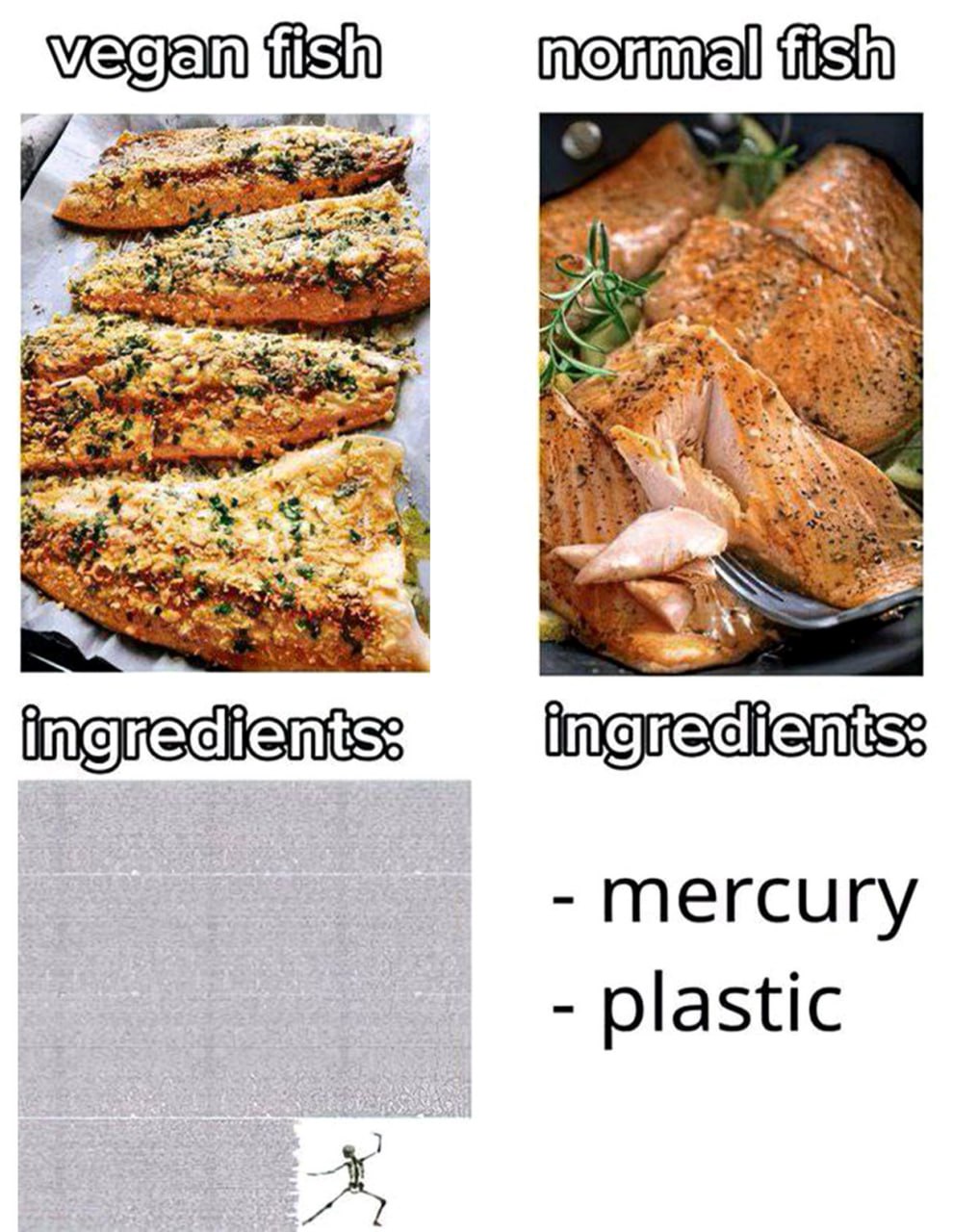 Vegan fish, normal fish ingredients Мем про веганскую рыбу и обычную рыбу с указанием их ингредиентов