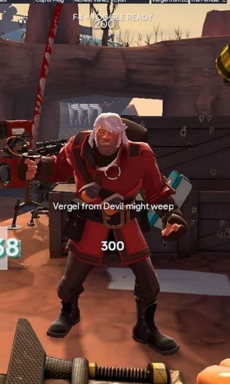 Vergel from Devil might weep Персонаж из игры Team Fortress 2, переодетый в Вергилия из серии игр Devil May Cry, стоит, глядя на игрока.