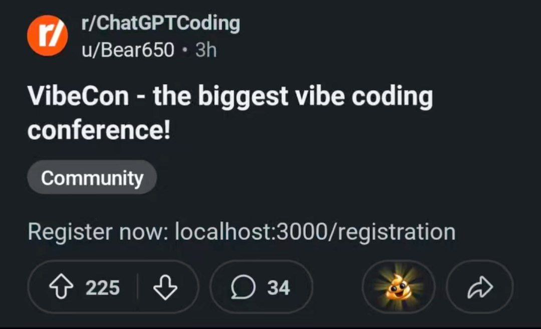 VibeCon — крупнейшая конференция по вайб-кодингу Скриншот поста Reddit о конференции VibeCon с локальным адресом для регистрации.
