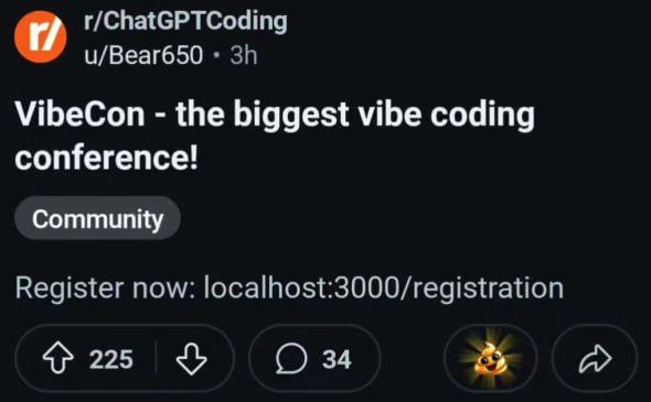 VibeCon — конференция для вайбовых программистов Скриншот поста из Reddit о конференции для вайбовых программистов VibeCon