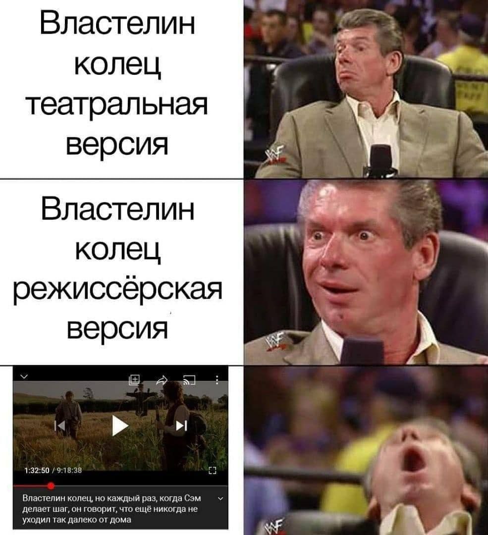 Винс МакМэн и версии Властелина колец Мем с Винсом МакМэном и кадрами из «Властелина колец», сравнивающий театральную и режиссёрскую версии фильма с абсурдным долгим видео, где Сэм постоянно говорит, что никогда не уходил так далеко от дома.
