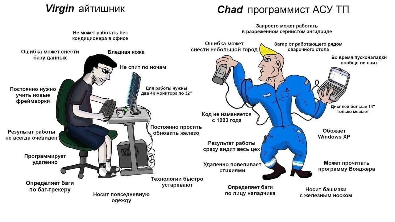Virgin айтишник vs Chad программист АСУ ТП Мем, сравнивающий "Virgin айтишника" и "Chad программиста АСУ ТП", высмеивающий стереотипы о разных типах программистов и их рабочих условиях.