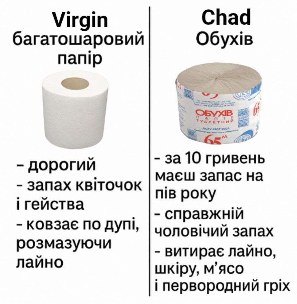 Virgin багатошаровий папір vs Chad Обухів Сравнение многослойной и обуховской туалетной бумаги в стиле «Девственник против Чада»
