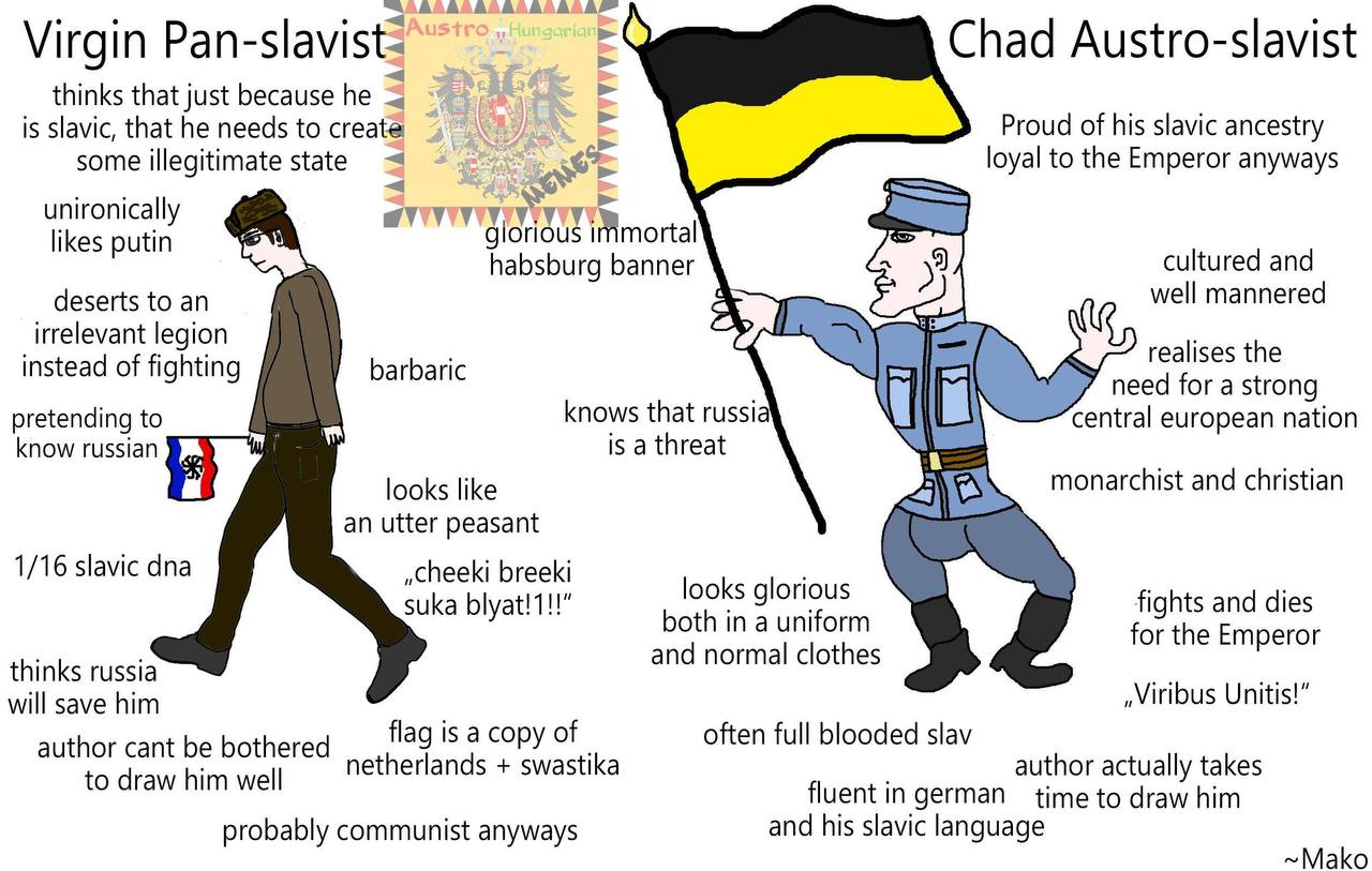 Virgin Pan-slavist vs Chad Austro-slavist Мем Дева Панславист против Чада Австро-слависта, сравнивающий две идеологии и их сторонников.