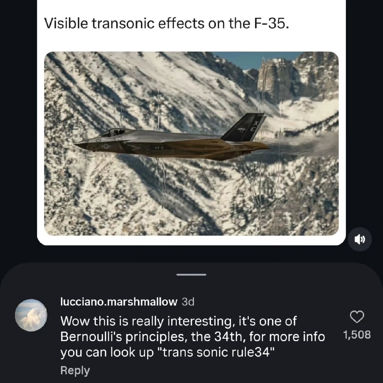 F-35 летит над горами, а оптическое искажение выдают за видимые трансзвуковые эффекты и объясняют «34-м принципом Бернулли».