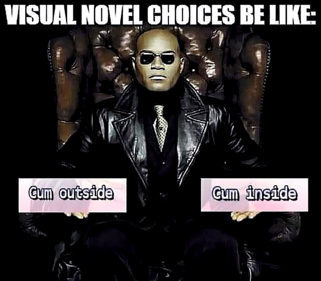 Visual novel choices be like Морфеус с кнопками выбора Cum outside или Cum inside