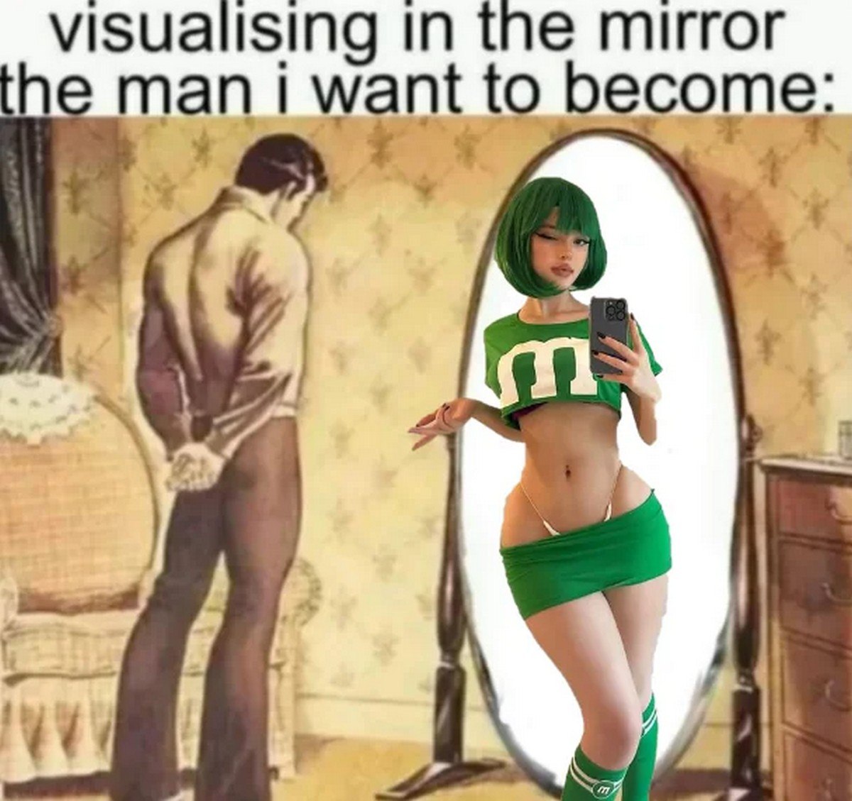 Visualising in the mirror the man i want to become Мужчина смотрит в зеркало и видит отражение девушки M&M's