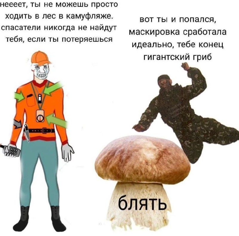 Военный в камуфляже и гриб БЛЯТЬ Плачущий человек в оранжевой куртке и солдат в камуфляже, налетающий на гриб со словом "БЛЯТЬ"