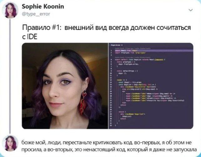Внешний вид должен сочетаться с IDE Мем про девушку с фиолетовыми волосами и кодом, который сочетается с её внешним видом.