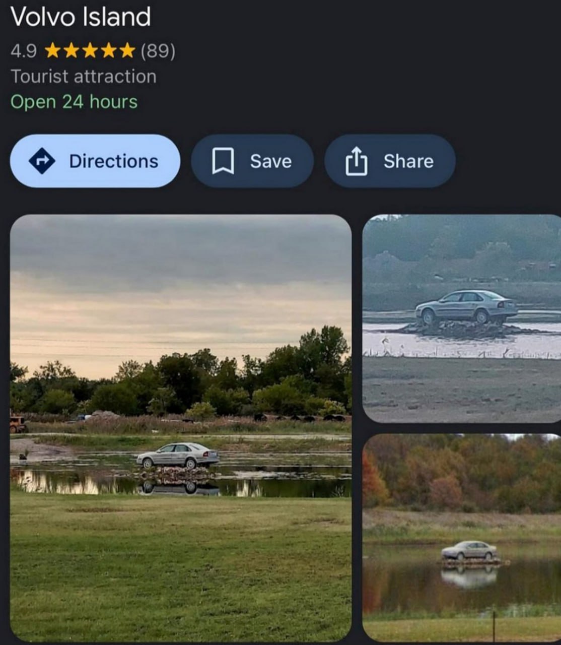 Volvo Island Скриншот Google Maps с названием "Volvo Island", где показаны фотографии автомобилей Volvo, застрявших или плавающих в воде, что высмеивает их репутацию надёжности.