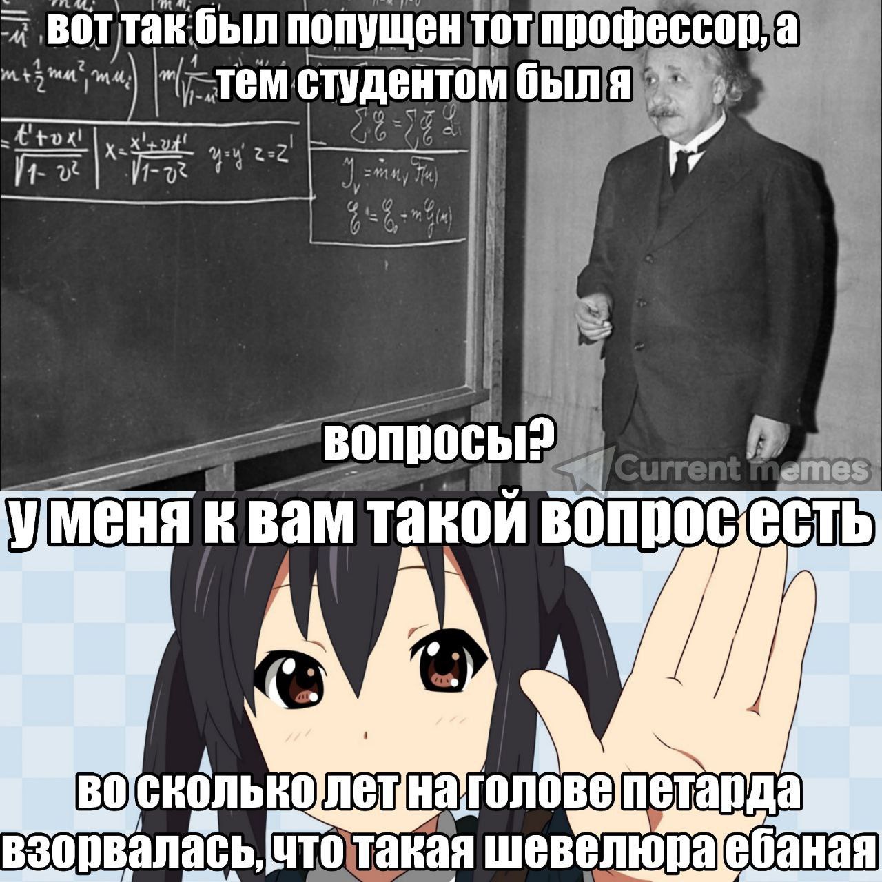 Вопросы к профессору Мем про вопросы к профессору с Альбертом Эйнштейном и аниме-девушкой