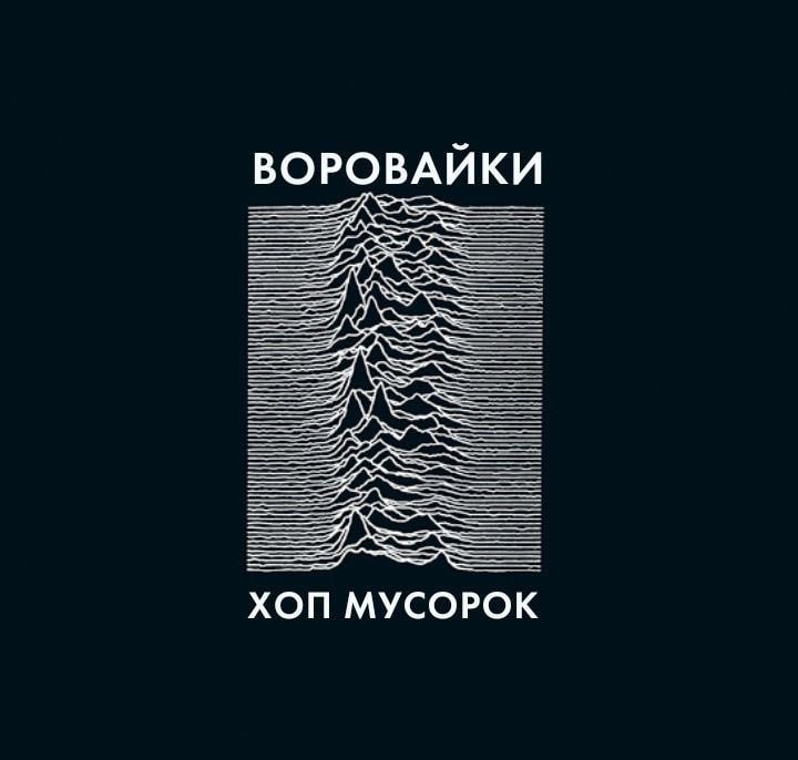 Воровайки Хоп мусорок Мем с обложкой альбома Joy Division Unknown Pleasures и текстом из песни группы Воровайки «Хоп, мусорок»