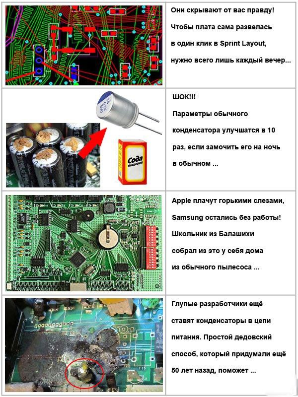 Вредные советы по ремонту электроники Шуточное изображение, на котором показаны вредные советы по ремонту и модернизации электроники, разделённое на четыре части с различными “лайфхаками” и их последствиями