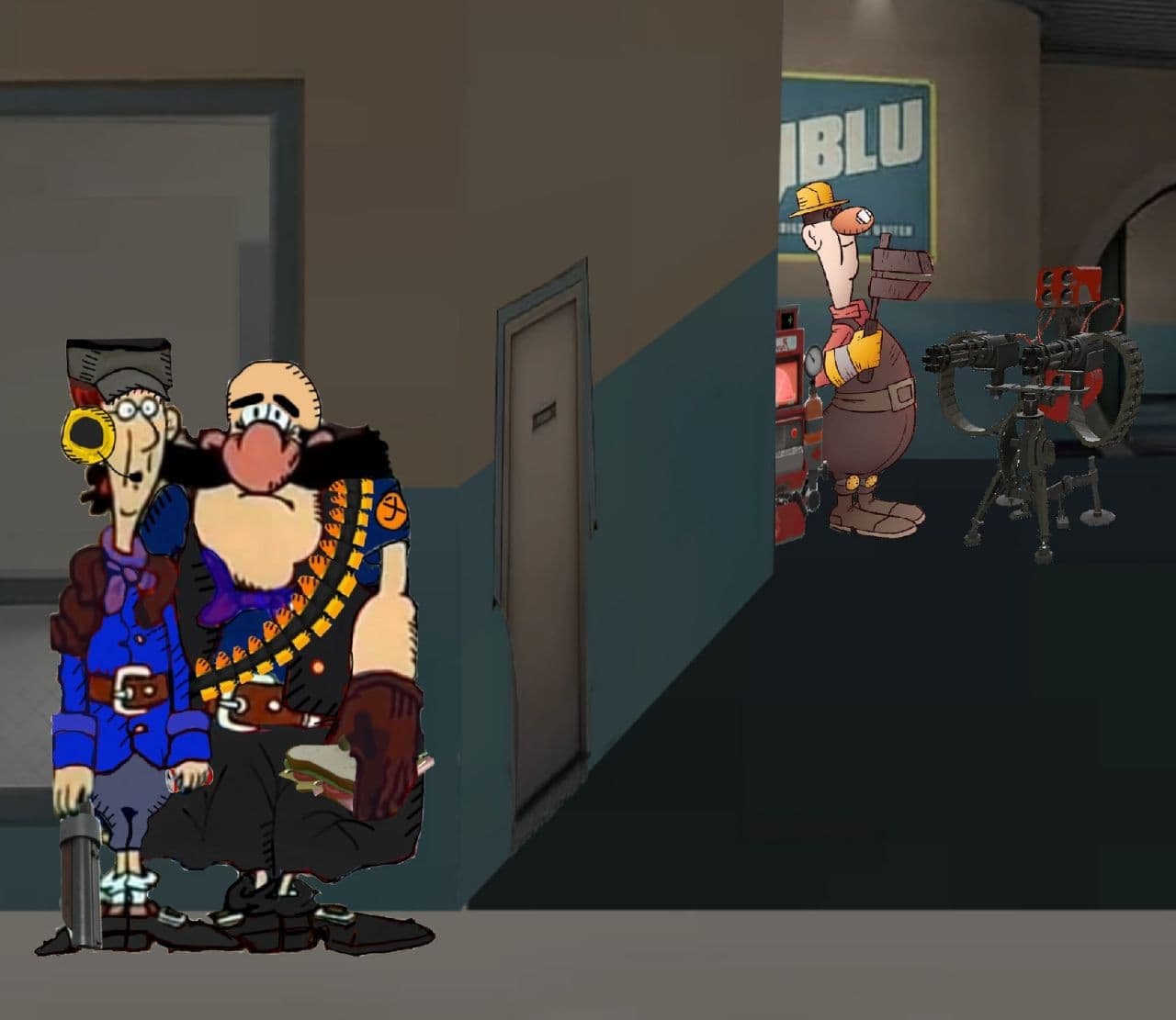 Врунгель и Фукс в Team Fortress 2 Мем, где герои мультсериала «Приключения капитана Врунгеля» Врунгель и Фукс появляются в игре Team Fortress 2. Они смотрят на Инженера, который стоит рядом с турелью.