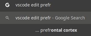 Скриншот поиска Google с запросом «vscode edit prefr» и подсказкой «prefrontal cortex»